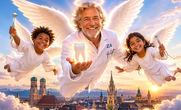 KI-generierte Vorschau der Domain zahnarzt-muenchen.eu mit Zahnarzt und Engeln über der Münchner Silhouette